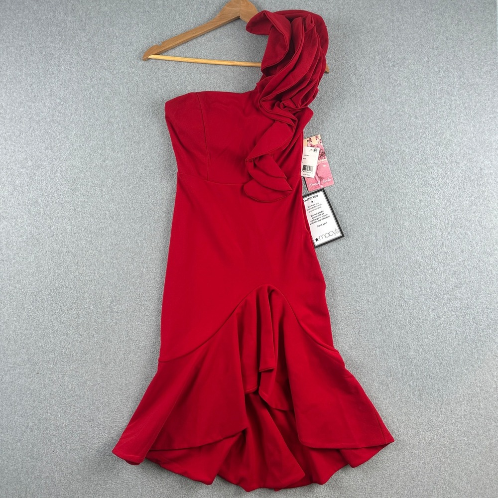 NEW Emerald Sundae Red Dress Small One Shoulder Ruffle High Low Mermaid NWT Midi